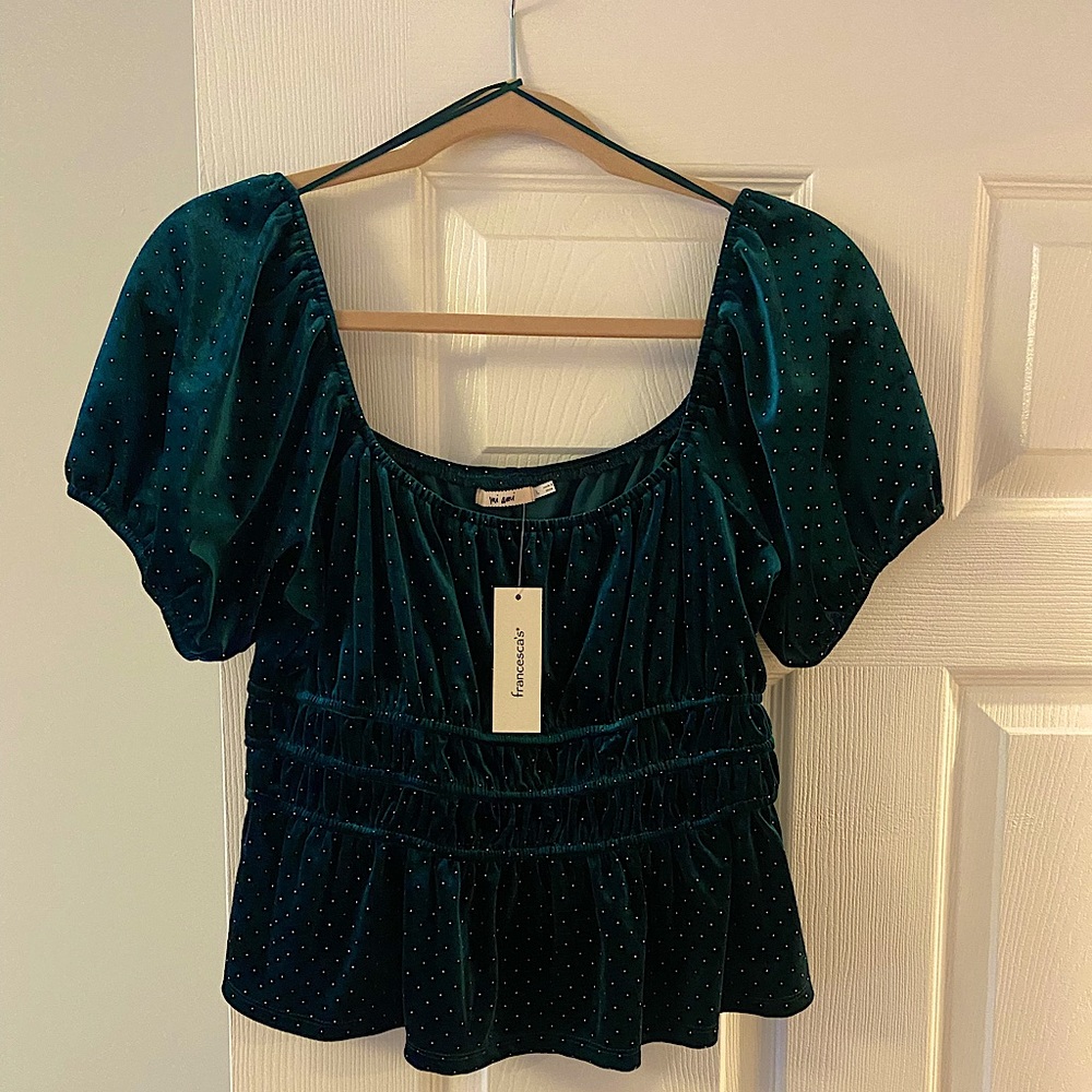 Deep green shirt, open back with studs, peplum